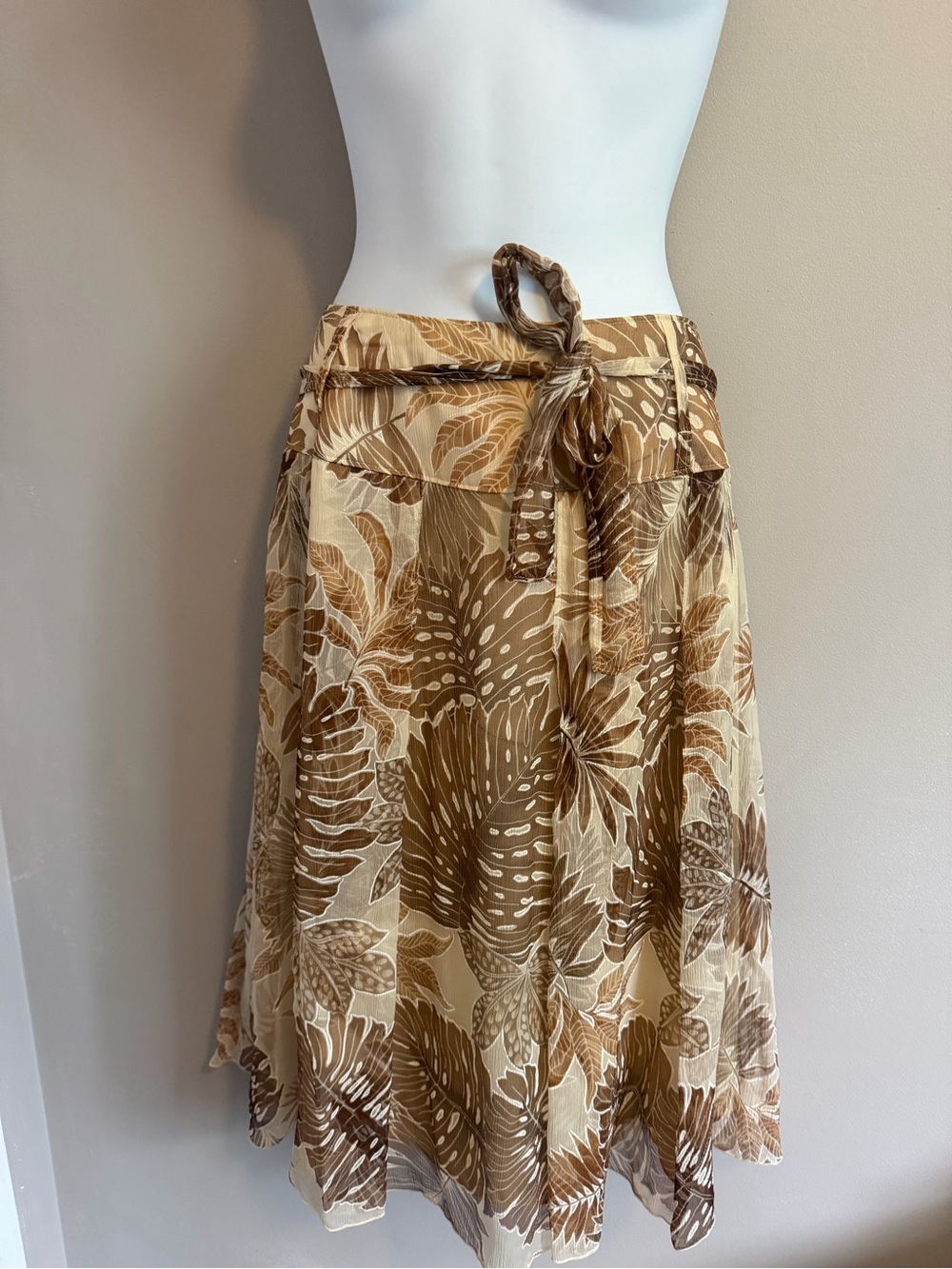 Bianca Nygard Silk Tropical Palm Leaf Chiffon Tie Waist Midi Skirt Brown Beige 8